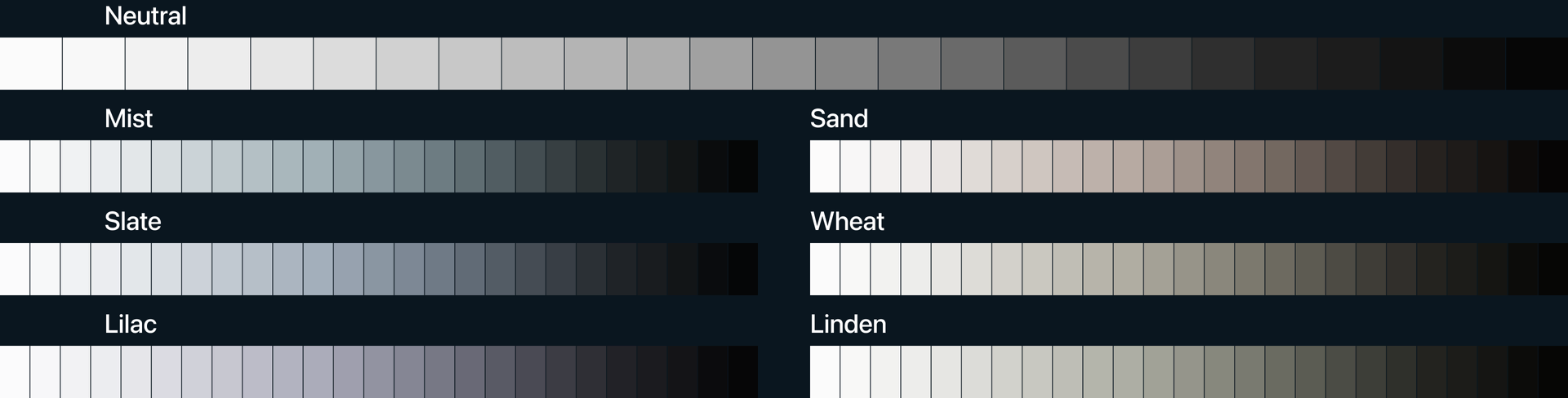 Палитры Neutral, Mist, Slate, Lilac, Sand, Wheat и Linden